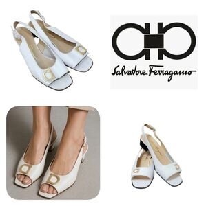 Salvatore Ferragamo White Leather Logo Accent Peep Toe Low Heel Slingbacks 7B